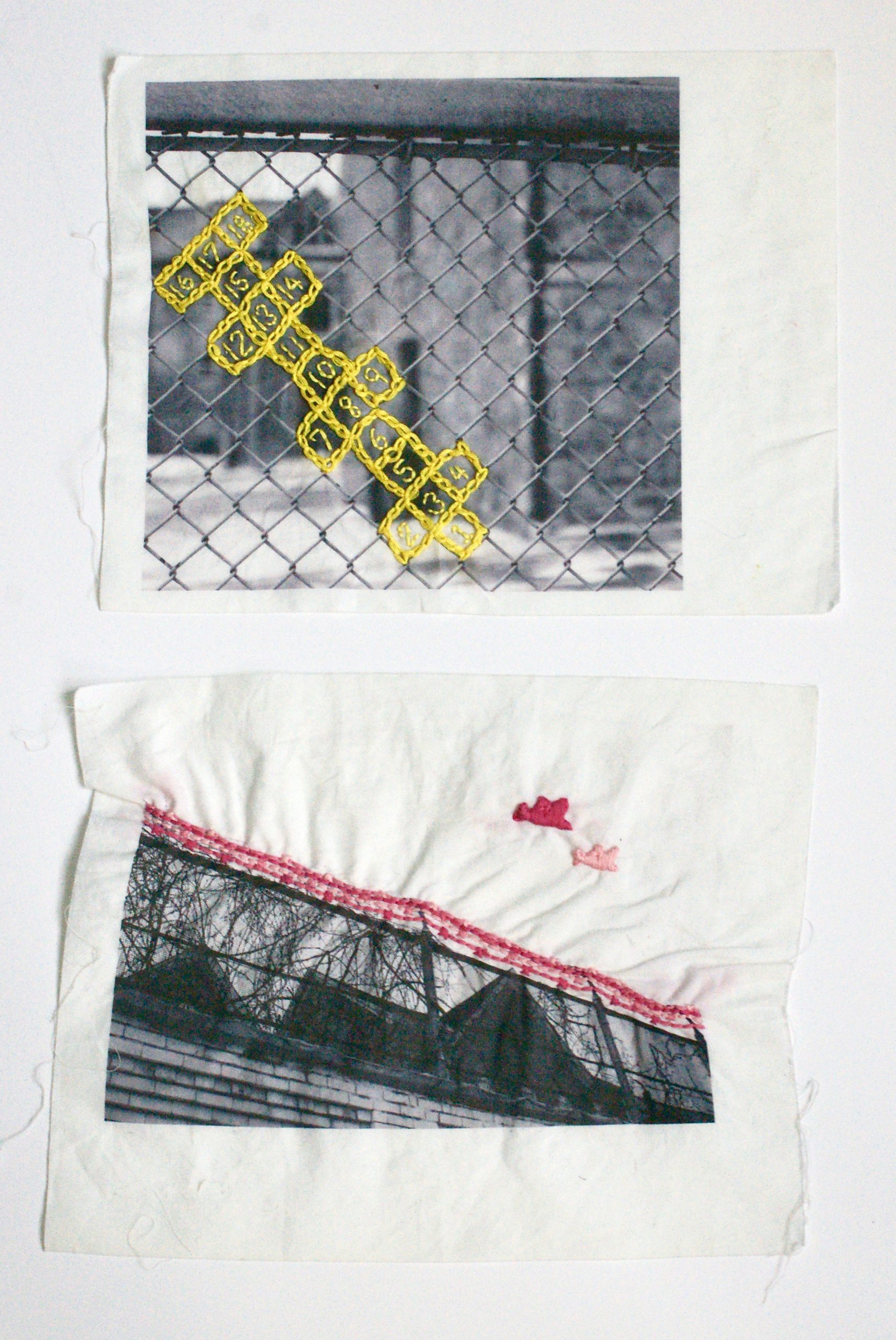 A split image showing two different barbed fences, each housing different populations of children. On the top, a yellow hop-scotch court is stitched overtop the lines of the fence. On the bottom, birds and spikes are stitched into the picture.