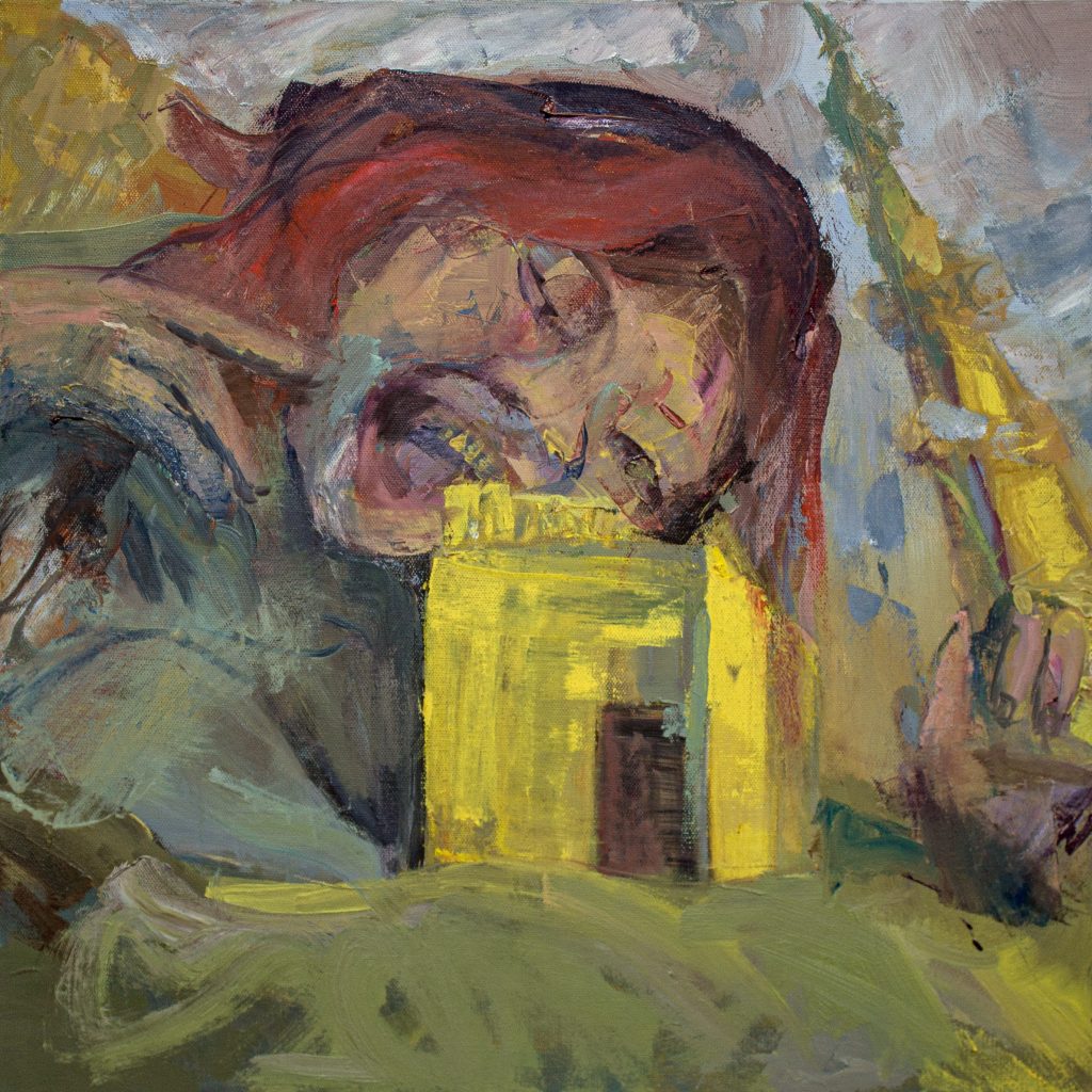 a painting of a humanoid figure leaning over a yellow building, mouth wide.